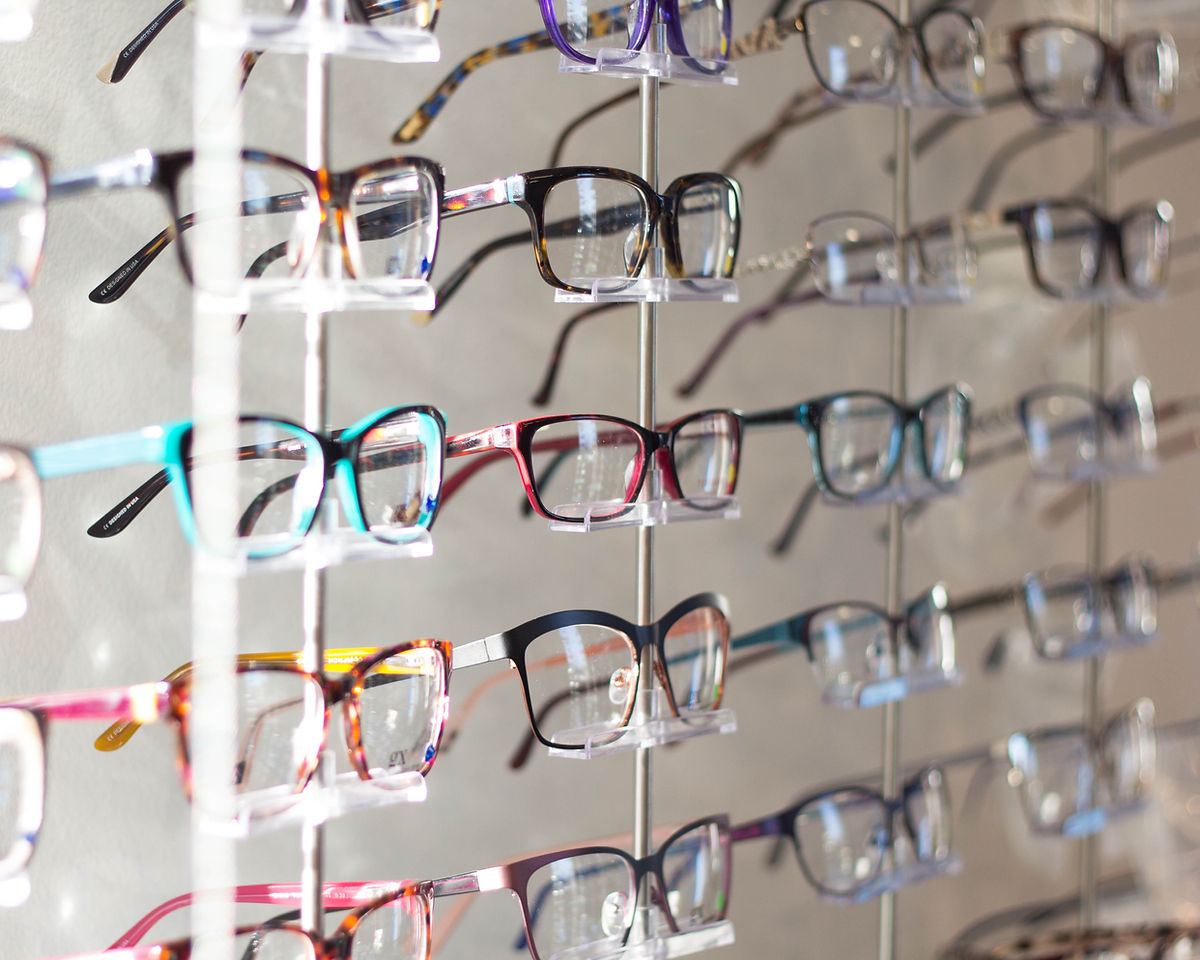 Wall of colorful eyeglass frames